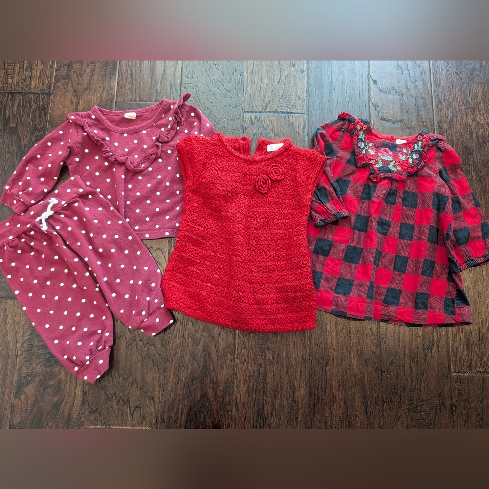 Christmas Holiday Baby Girl Bundle Lot: Gap Buffalo Plaid Dress, Polkadot Outfit